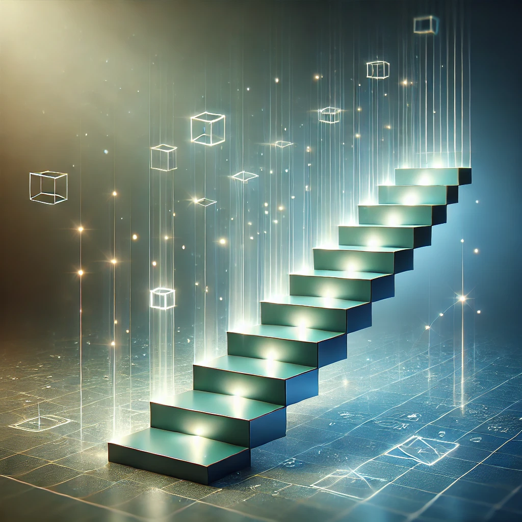 Abstract representation of step-by-step problem solving with an illuminated staircase ascending amidst floating geometric cubes, symbolizing guided progression and understanding in learning.
