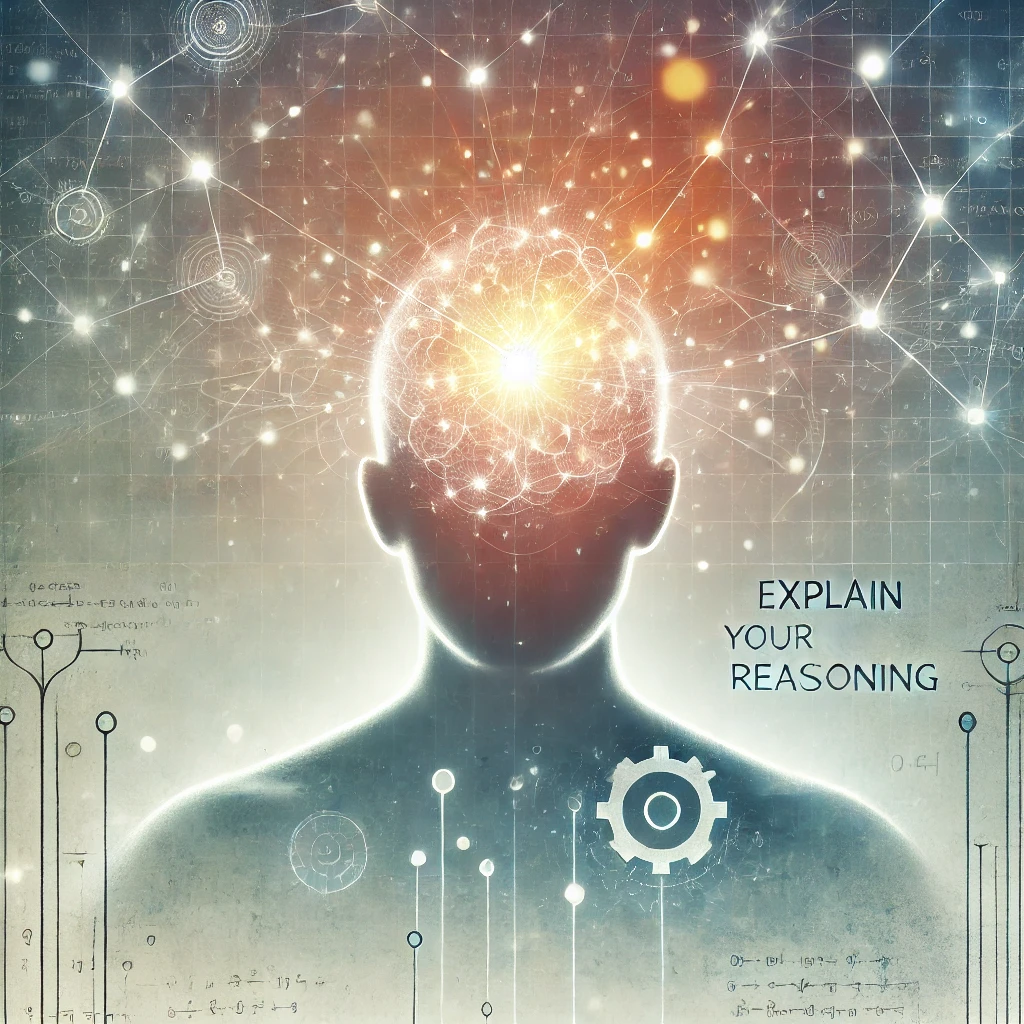 Abstract image of a human silhouette with a glowing brain connected to a network of light pathways, symbolizing critical thinking and the process of explaining one's reasoning. Includes mathematical symbols and a gear to represent logical problem-solving.
