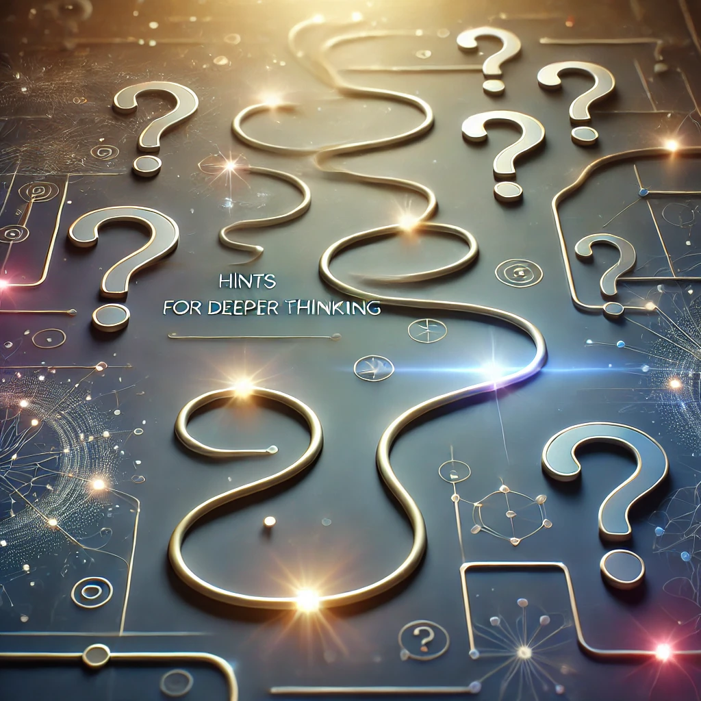 Abstract image depicting a winding path with glowing question marks, representing guided hints for deeper thinking and problem-solving. Includes geometric patterns and abstract lines to symbolize intellectual exploration.