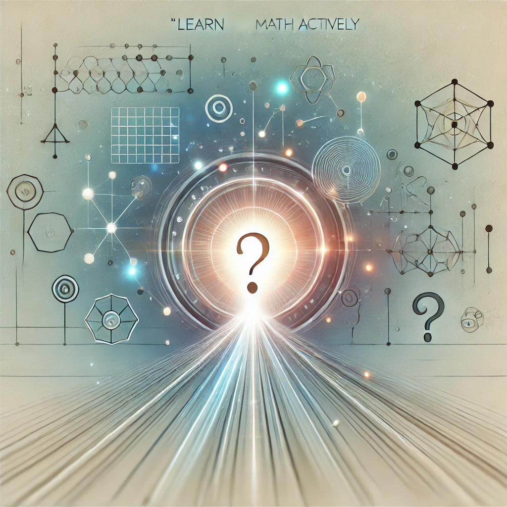 Abstract representation of learning math actively with a glowing question mark at the center, surrounded by geometric patterns and mathematical symbols, symbolizing guided discovery and critical thinking.