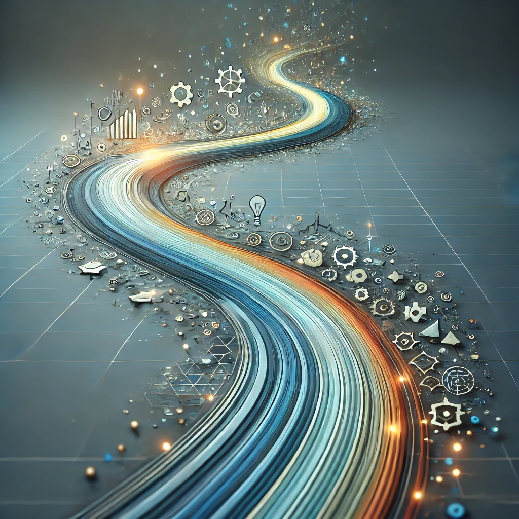 Abstract image of a winding, illuminated path surrounded by various symbols like gears, graphs, and lightbulbs, representing personalized learning paths and adaptation to different learning styles and challenges.