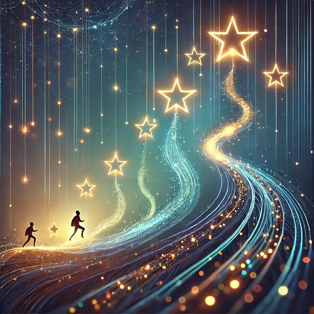 Abstract image of a glowing path with silhouettes of students ascending toward bright stars, symbolizing achievements and success in their learning journey with the guidance of SamTutor.