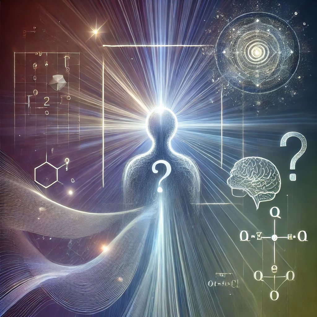 Abstract representation of a virtual tutor guiding learning through questions, featuring a glowing silhouette with mathematical symbols and a brain, symbolizing critical thinking and knowledge discovery.