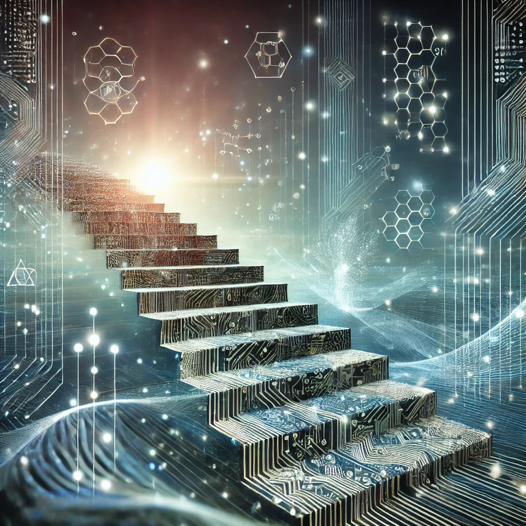 Abstract illustration of a digital staircase ascending towards a glowing horizon, symbolizing the journey of learning guided by AI and technology. Surrounded by geometric patterns and mathematical symbols, representing knowledge expansion and intellectual growth.